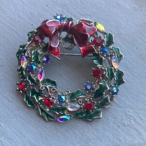 Festive Red and Green Wreath Brooch